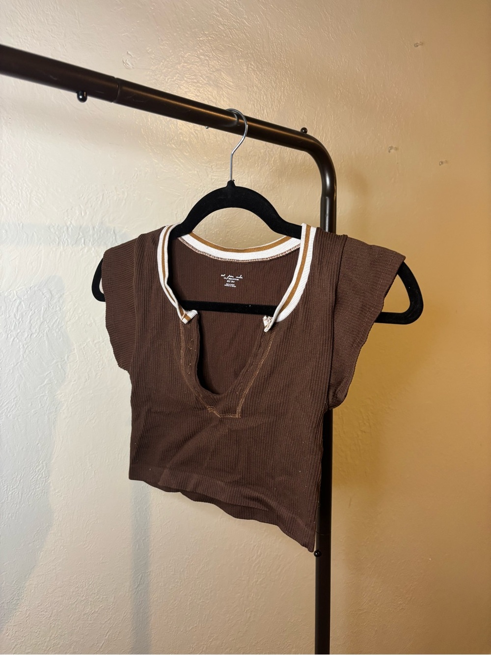 Urban Outfitters Brown Ribbed Crop Top with White & Tan Trim
